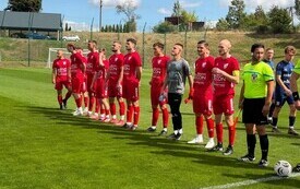 kilka os&oacute;b w strojach pikarskich stojących na zielonej murawie boiska przy piłce