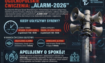 plakat ciemny z napisami czerwonymi i błękitnymi po prawej stronie jest syrena alarmowa