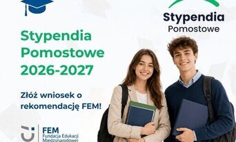 dwie młode osoby z książkami w rękach i napis stypendia pomocowe 2026-2027