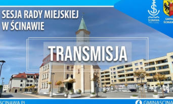plakat niebieski z budynkami informujący o transmisji sesji rady miejskiej w ścinawie