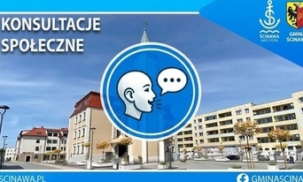 budynek urzędu na niebieskim tle i napis konsultacje spoleczne