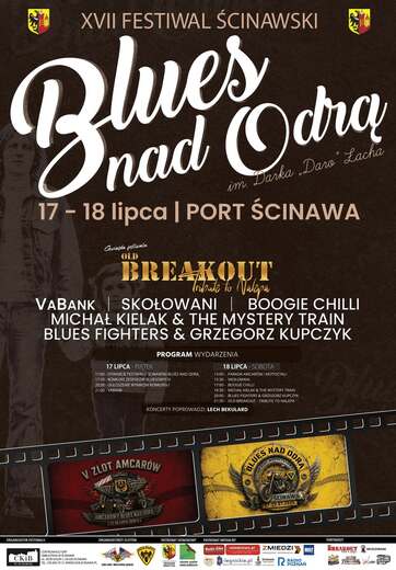 plakat XVII Festiwal Ścinawski Blues nad Odrą z nazwami zespoł&oacute;w występujących podczas dw&oacute;ch dni wydarzenia