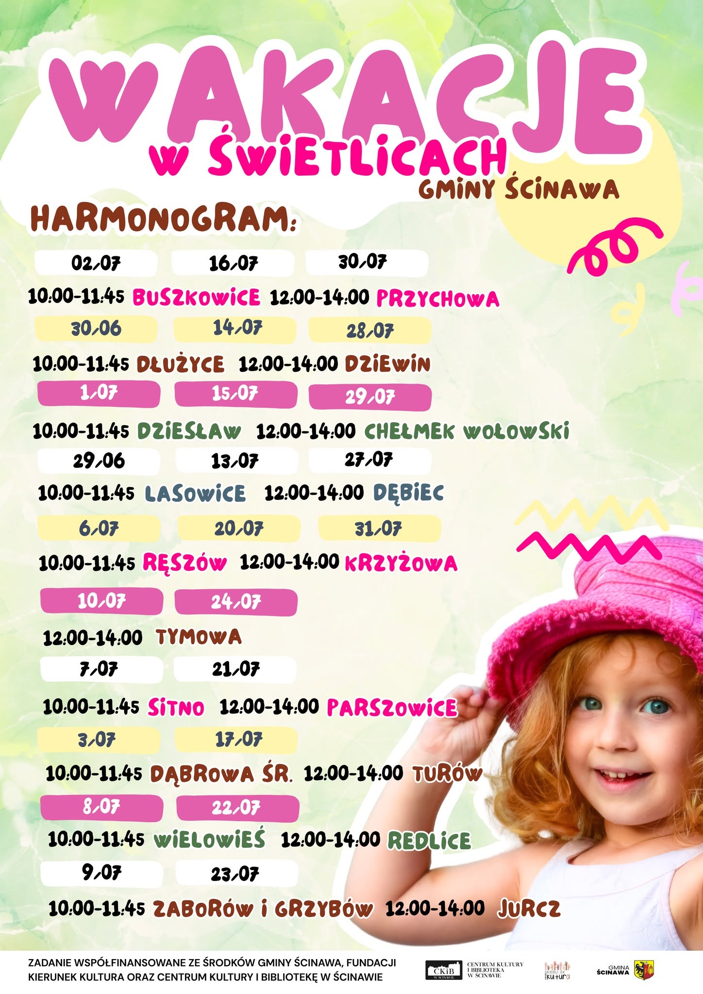 plakat z&nbsp;kolorowymi napisami informującymi o&nbsp;zajęciach w&nbsp;świetlicach wiejskich  i&nbsp;dzieckiem cieszacym się z&nbsp;wakacji