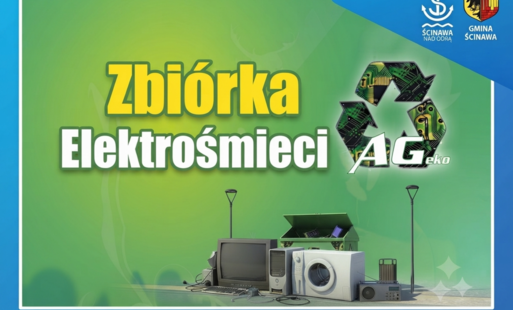 plakat niebiesko zielony z napisem zbiórka elektrośmieci i na dole stare pralki , telewizory, komputery
