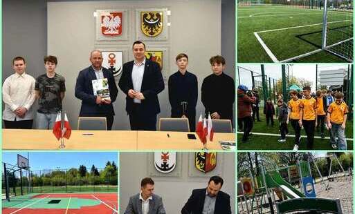 kolaż zdjęć kilka osób stoi na sali , dwie osoby podpisują dokumenty, na zdjęciu widoczne sa też boiska sportowe