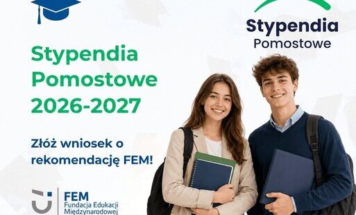 dwie młode osoby z książkami w rękach i napis stypendia pomocowe 2026-2027