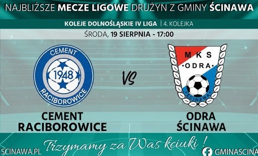 plakat zapowiadający mecz dwóch zespołów piłkarskich odra ścinawa i cement raciborowice