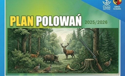 na zielonkawym tle las, zwierzeta i napis plan polowań