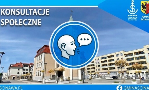 budynek urzędu na niebieskim tle i napis konsultacje spoleczne